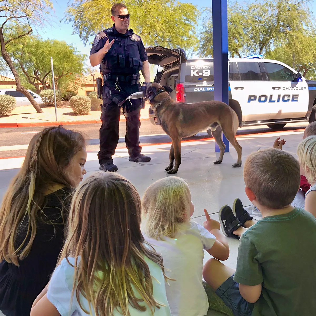 Summit preschool students learning about a police K-9 during a community visit.