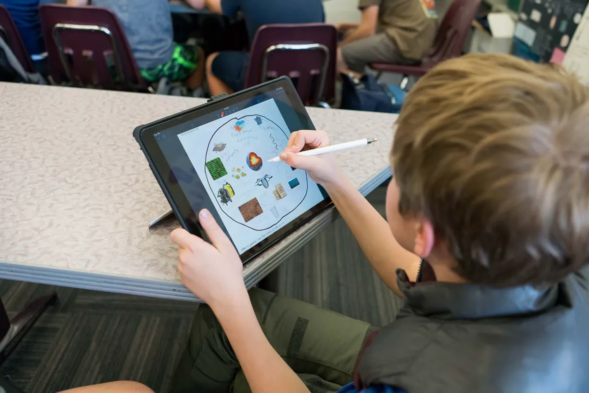 summit-elementary-technology-digital-learning Elementary student using a tablet and digital tools for classroom learning at Summit School.