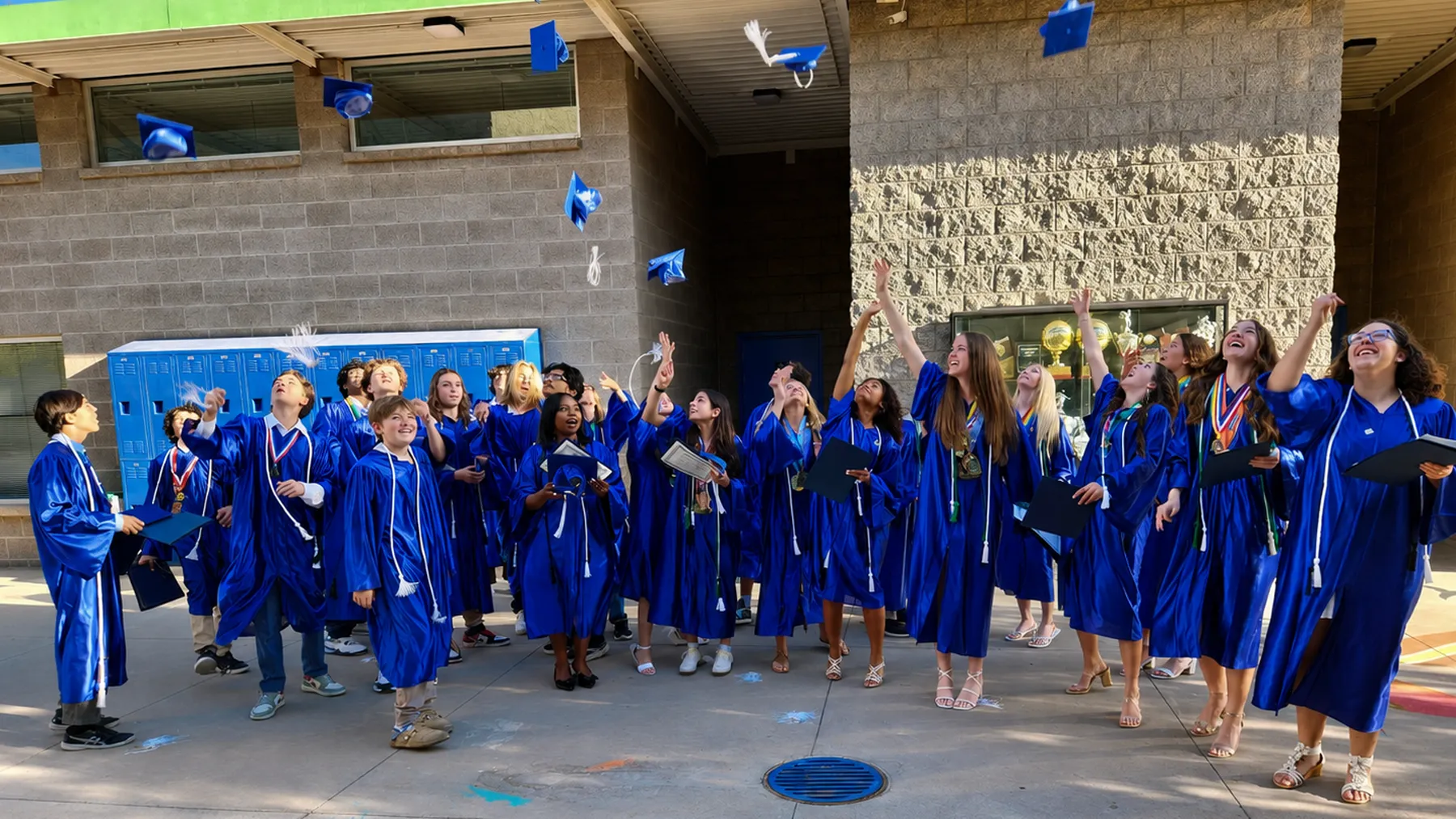 Summit School eighth-grade graduates celebrate by tossing their caps in the air after graduation.