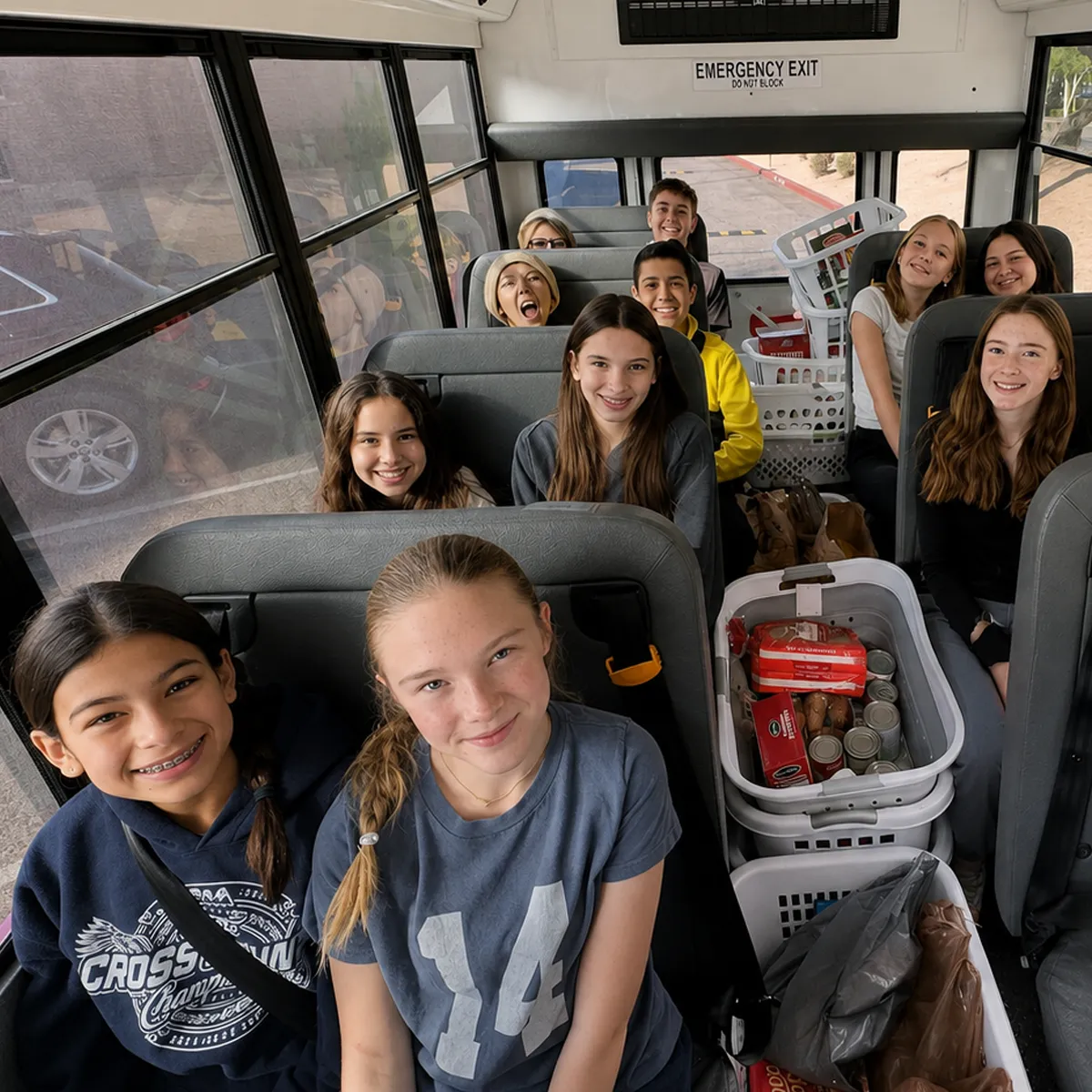 Summit Middle School students on a school bus with donated food collected for a SERVE community service project.