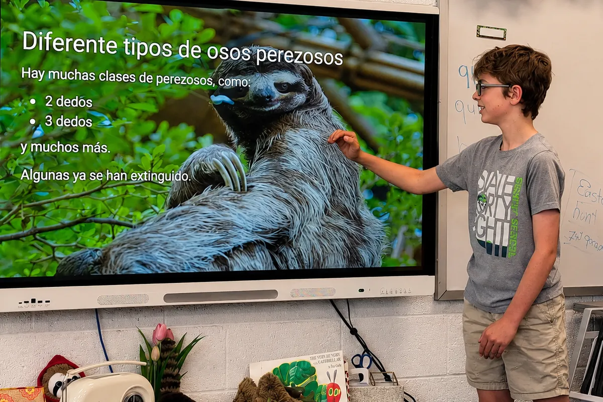 summit-middle-school-student-spanish-presentation Summit middle school student giving a presentation in Spanish class.