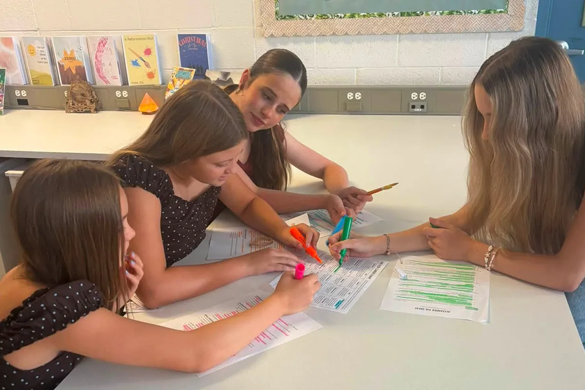 Summit middle school students analyzing and discussing written work during class.
