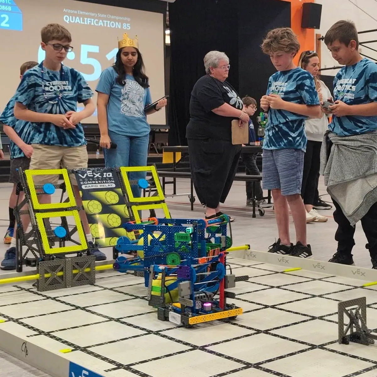 Summit School Cybercat Robotics students competing with their VEX IQ robots at the Arizona Elementary State Robotics Championship.